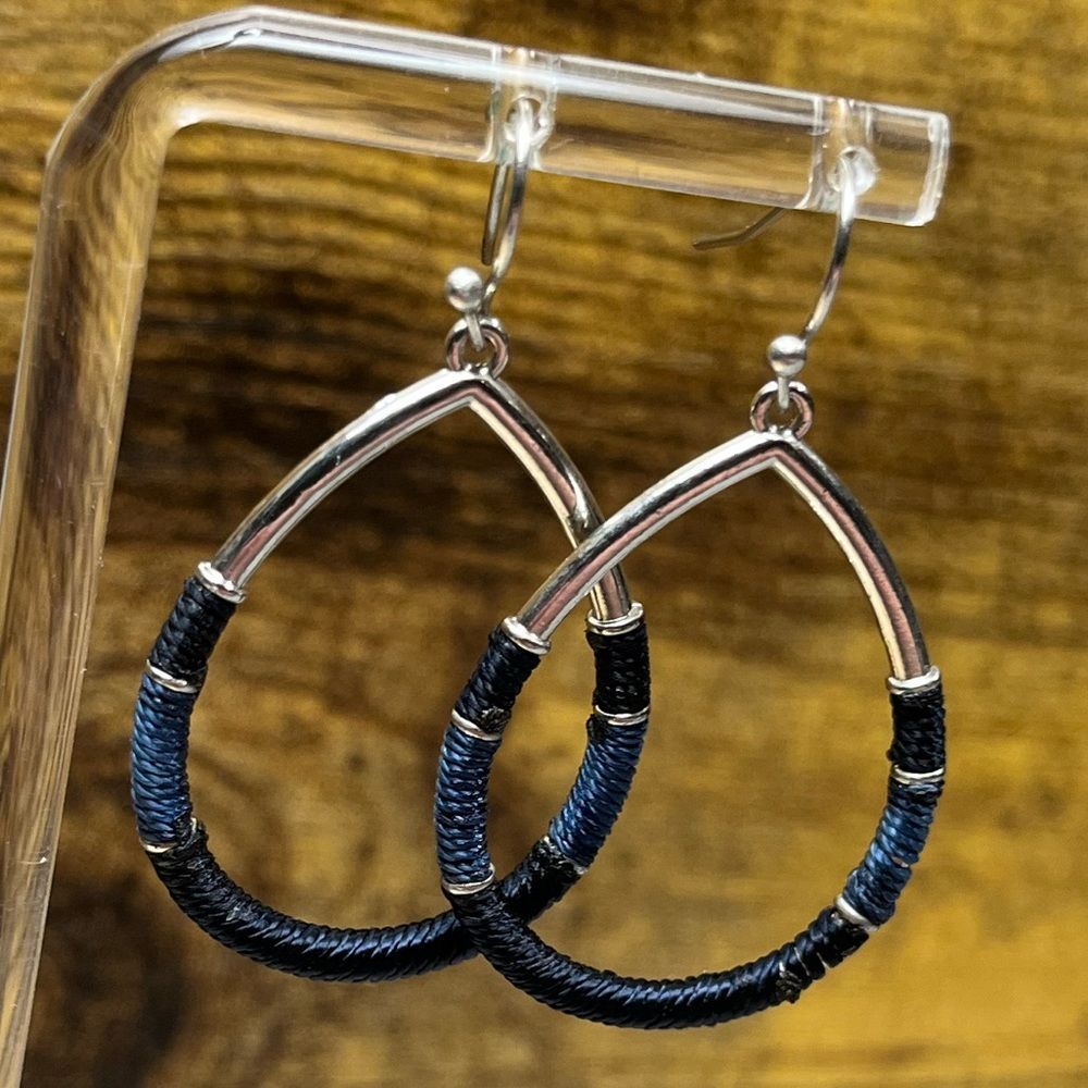 Blue & Black Thread Wrapped Silver Earrings